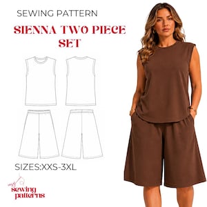 Könnte beinhalten: Ein Schnittmuster für ein Sienna-Zweiteiler-Set in den Größen XXS-3XL. Das Bild zeigt ein braunes ärmelloses Oberteil und passende weit geschnittene Shorts sowie technische Strichzeichnungen der Vorder- und Rückansicht der Kleidungsstücke.