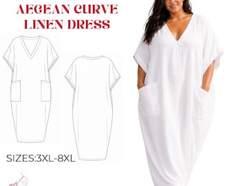 Plus Size Caftan Dress PDF Sewing Pattern, Oversized Linen Maxi Dress with Pockets