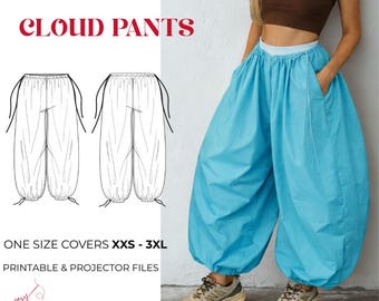 Patrón de costura de pantalones globo en PDF: Pantalones globo voluminosos, ideal para principiantes (archivo de proyección A4/A0)