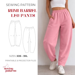 Puede incluir: Pantalones rosas de pernera ancha con cintura con cordón, combinados con zapatillas blancas. La imagen también muestra un patrón de costura para los pantalones Rumi Barrel, tallas XXS-3XL, con el texto "PRINTABLE & PROJECTOR FILES".