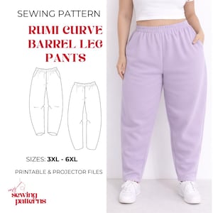 Può includere: Un modello di cucito per i pantaloni Rumi Curve Barrel Leg. L'immagine mostra pantaloni della tuta lilla chiaro con una vestibilità ampia e vita elasticizzata. Il modello include taglie dalla 3XL alla 6XL ed è disponibile come file stampabili e per proiettore.