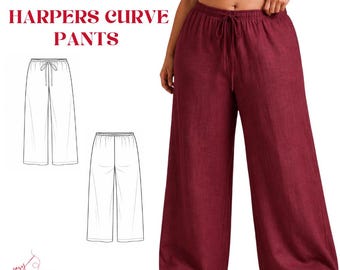 Patrón de costura en PDF para pantalones anchos de talla grande Harper, patrón de pantalones palazzo con cordón ajustable, pantalones de corte holgado.