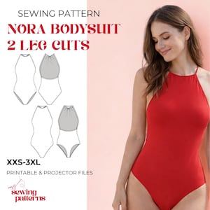 May include: A red halter-neck bodysuit and a sewing pattern for a bodysuit with two leg cut options. The pattern includes sizes XXS-3XL and is for printable and projector files. The image also features the text "Nora Bodysuit" and "Sewing Pattern".
