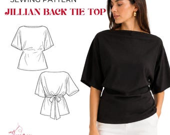 Patrón de costura Jillian Top, blusa minimalista con lazo en la espalda, manga kimono (PDF)