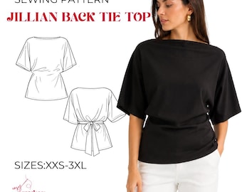Jillian Top Sewing Pattern, Minimal Back Tie Blouse, Kimono Sleeve PDF