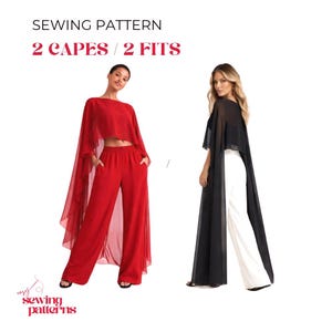 May include: A sewing pattern for two capes and two fits. The image displays two outfits: one featuring a red cropped cape top with matching wide-leg trousers, and another featuring a black sheer cape top paired with white wide-leg trousers.