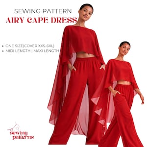 May include: A sewing pattern for an airy cape dress in red. The text reads: SEWING PATTERN AIRY CAPE DRESS, ONE SIZE(COVER XXS-6XL), MIDI LENGTH | MAXI LENGTH, and easy sewing patterns. The garment features a cropped cape top and wide-leg pants.