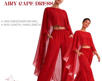 Puede incluir: Un patrón de costura para un vestido capa aireado en rojo. El texto dice: SEWING PATTERN AIRY CAPE DRESS, ONE SIZE(COVER XXS-6XL), MIDI LENGTH | MAXI LENGTH, y easy sewing patterns. La prenda incluye un top tipo capa corto y pantalones anchos.