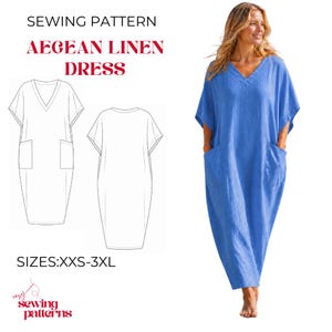 Könnte beinhalten: Ein Schnittmuster für ein Aegean Leinenkleid mit dem Text SEWING PATTERN AEGEAN LINEN DRESS und SIZES:XXS-3XL. Das Bild enthält eine Strichzeichnung der Vorder- und Rückseite des Kleides sowie ein Foto des blauen Kleides mit V-Ausschnitt.