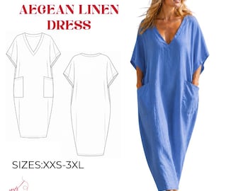 Aegean Caftan Dress Sewing Pattern, Oversized V Neck Maxi Dress with Pockets (Digital Download)