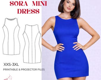 Patrón de costura en PDF del minivestido Sora / Escote barco sin mangas / Vestido para principiantes / Tallas XXS-3XL / Descargar