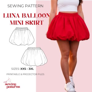以下が含まれることがあります： 赤いバルーンミニスカートと、スカートの線画が表示されています。「LUNA BALLOON MINI SKIRT」と「SIZES: XXS - 3XL」の文字があります。「SEWING PATTERN」と「PRINTABLE & PROJECTOR FILES」の文字も表示されています。