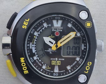 Vintage Citizen Eco-Drive Promaster Diver Watch, Men’s Analog Digital Dive Watch, Yellow Rubber Strap