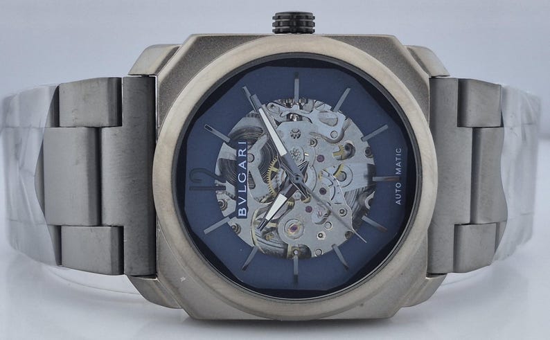Bvlgari Skeleton Automatic Watch – Stainless Steel Octo Style Men's Blue Dial Mechanical Watch – Statement Designer Timepiece image 4