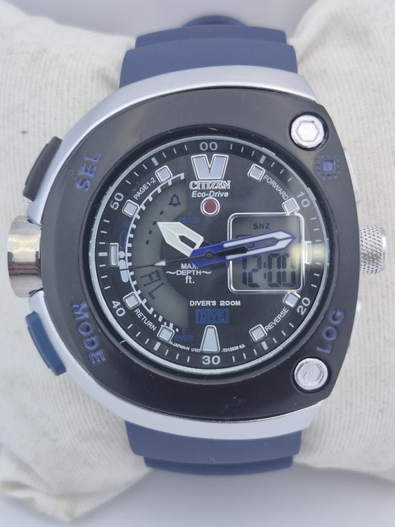 Vintage Citizen Eco-Drive Promaster Diver Watch, Men’s Analog Digital Dive Watch, Blue Rubber Strap