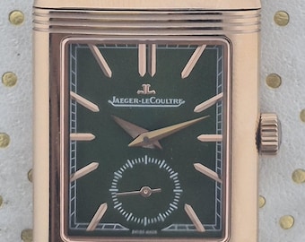 Rektangulär dressklocka i vintagestil | JLC Reverso-inspirerad klocka med grön urtavla | Tankklocka i roséguld | Elegant herrklocka