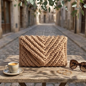 Peut inclure: Une pochette beige crochetée à la main avec un motif en chevrons est posée sur une table en bois. Une tasse de café, des lunettes de soleil et un bracelet chaîne en or sont également sur la table. L'arrière-plan montre une rue pavée.
