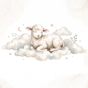 Könnte beinhalten: Eine Aquarellillustration eines cremefarbenen Lamms mit geschlossenen Augen, das friedlich auf einer Ansammlung weicher weißer Wolken ruht, akzentuiert durch eine kleine Mondsichel, winzige Sterne und zarte grüne Zweige.