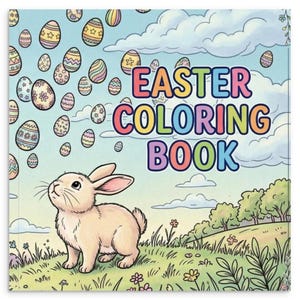 Könnte beinhalten: Ein Ostern-Malbuch mit einer Cartoon-Illustration. Das Cover zeigt ein hellbraunes Kaninchen, das auf bunte Ostereier blickt, die am Himmel schweben. Die Worte "EASTER COLORING BOOK" sind in Regenbogenfarben geschrieben.
