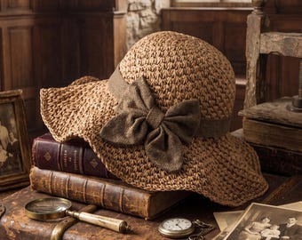 Vintage Crochet Straw Hat with Big Bow | Retro Wide Brim Sun Hat for Women, Foldable Summer Beach Hat, Cottagecore Aesthetic Bucket Hat