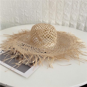 Boho Raffia Straw Sun Hat, Wide Brim Beach Hat, Hollow Out Summer, Fringed Edge
