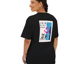 Swim Bike Run Tee | Black Oversized Tee, Smiley Triathlon Design