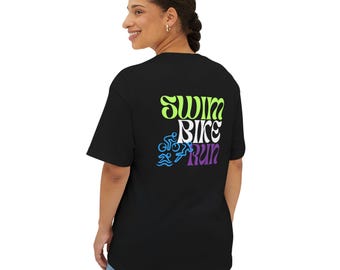 60's Style Groovy Swim Bike Run Tee | Black Oversized Tee, Triathlon Design