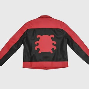 May include: Red and black jacket with a red spider emblem on the back. The jacket has a collared neckline and long sleeves. The back of the jacket is black with a red spider emblem.