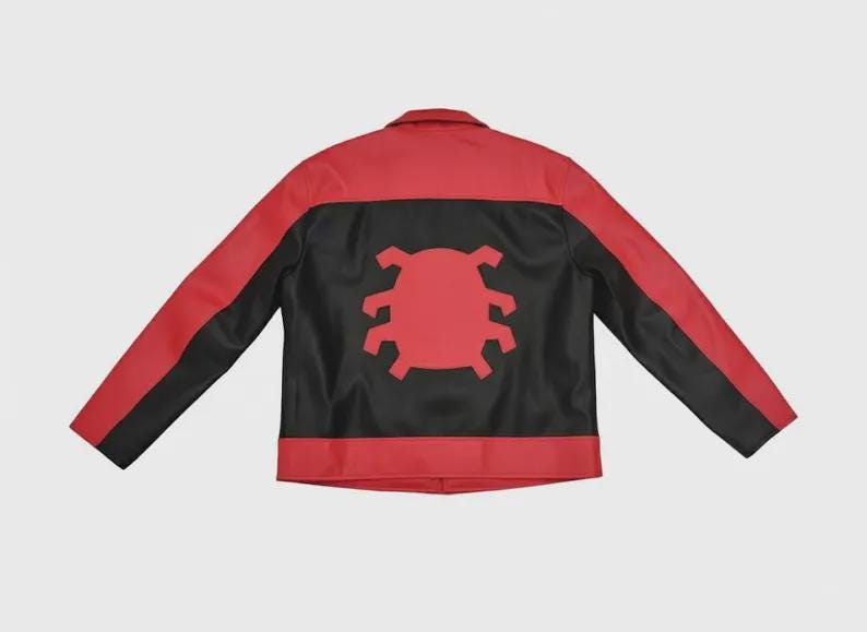 May include: Red and black jacket with a red spider emblem on the back. The jacket has a collared neckline and long sleeves. The back of the jacket is black with a red spider emblem.