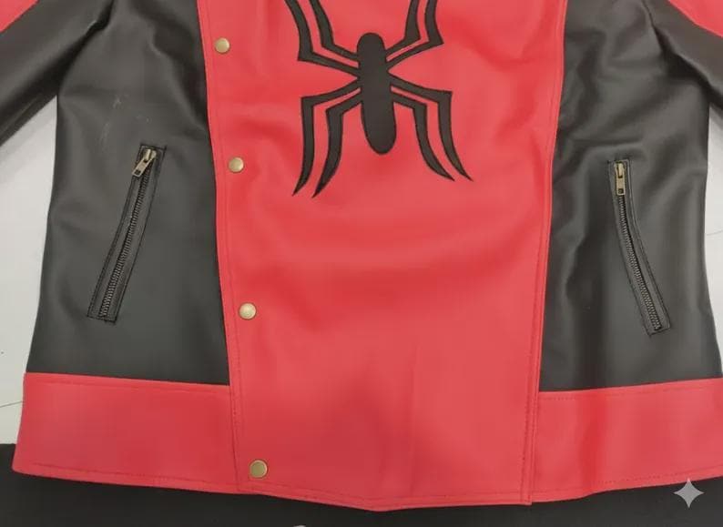 May include: Red and black jacket with a large black spider emblem on the chest. The jacket features a zipper pocket on each side and gold-colored snap closures. The jacket's design is a bold combination of red and black.