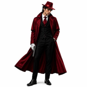 May include: A person wearing a burgundy red overcoat, matching fedora hat, and a black suit. The outfit includes a vest, tie, and dress pants. The person is wearing white gloves and holding a gun. The background is white.
