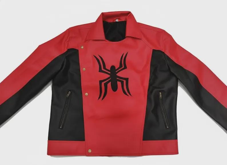 May include: Red and black jacket with a black spider emblem on the front. The jacket has a collared neckline, long sleeves, and two zippered pockets. The jacket is made of a smooth material and has a button closure.