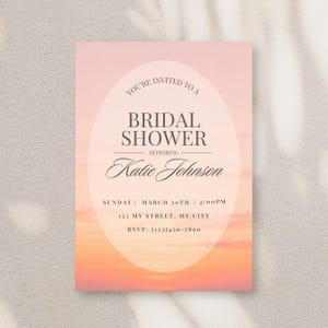 May include: A bridal shower invitation with a sunset background. The invitation reads "You're invited to a Bridal Shower honoring Katie Johnson." Details include the date, time, and RSVP information. The color scheme is soft pink and orange.