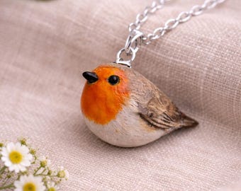 Rotkehlchen-Halskette – Handgefertigte Halskette aus Polymerclay mit Vogelmotiv – Naturschmuck – Rotkehlchen-Anhänger
