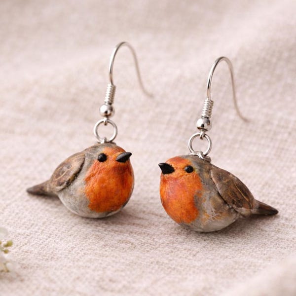 Robin Earrings – Handmade Polymer Clay Bird Earrings – Nature Jewelry – Pendientes de Petirrojo