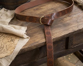 Viking Embossed Belt with Pouch, Medieval Renaissance LARP Waist Bag, Brown or Black