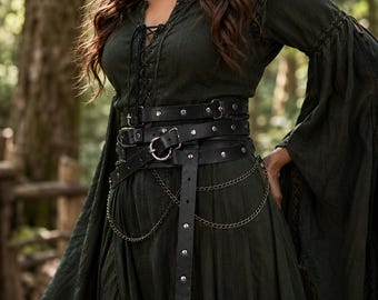 Multi Layer Medieval Waist Cincher Belt, Retro PU LARP Wrap Belt with Chain, Punk Renaissance Costume Belt, Black or Brown