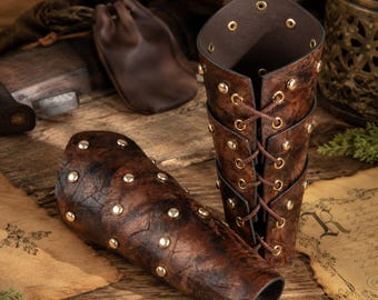 Medieval Riveted Leather Bracers, Viking Warrior Arm Guards, Steampunk LARP Gauntlets, Unisex Renaissance Fair Cosplay Accessory