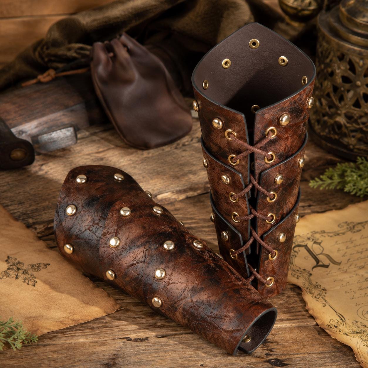 Medieval Riveted Leather Bracers, Viking Warrior Arm Guards, Steampunk LARP Gauntlets, Unisex Renaissance Fair Cosplay Accessory