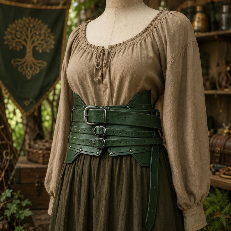 Op de afbeelding: Een brede donkergroene leren korsetgordel met drie horizontale banden voorzien van zilverkleurige metalen gespen en klinknagels. De riem wordt gedragen over een beige blouse met lange mouwen, een geplooide halslijn en een donker olijfgroene rok.