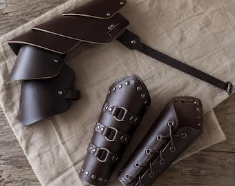 Medieval Shoulder Armor Bracer Set, Viking Warrior Faux Leather Pauldron, Studded LARP Cosplay Costume Accessory