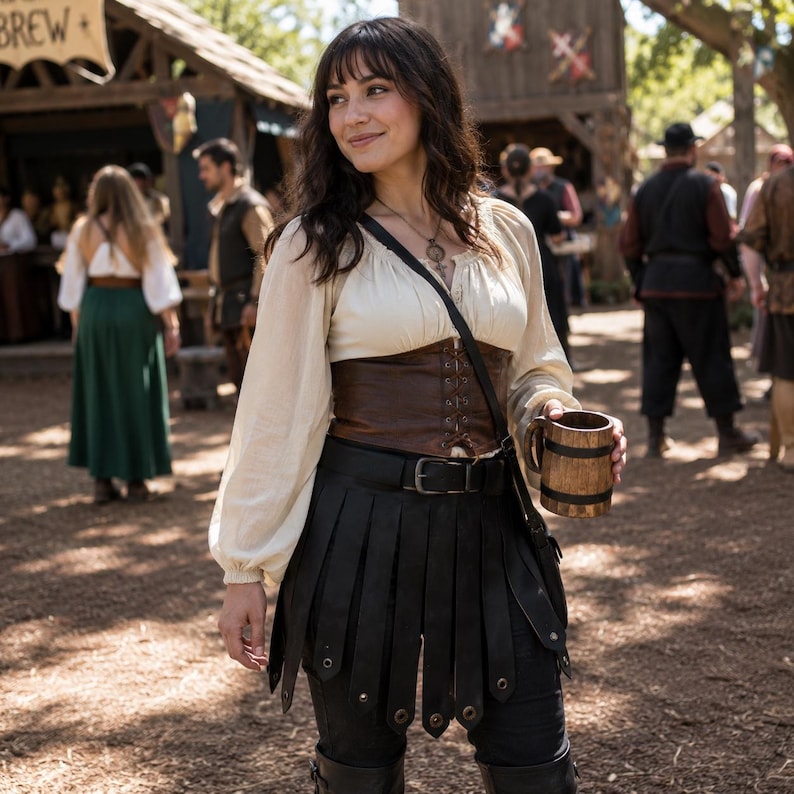May include: A cream-colored long-sleeve blouse with a gathered neckline, a brown leather lace-up corset, a black leather belt, and a black leather tasset skirt with metal grommets. A wooden tankard with dark bands is held in one hand.