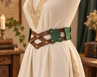 Medieval Wide Leather Armor Belt, Renaissance Fair Waist Corset, Viking LARP Costume Belt, Brown Green Fantasy Accessory