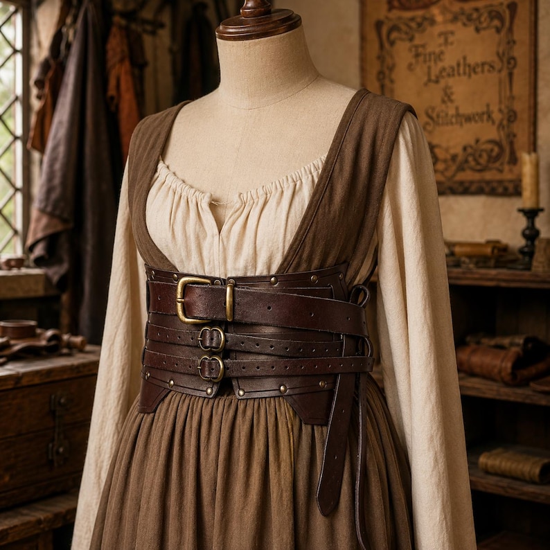 Op de afbeelding: Een beige blouse met lange mouwen gedragen onder een bruin mouwloos lijfje. Een brede donkerbruine leren korsetgordel met drie horizontale banden, messingkleurige metalen gespen en kleine metalen studs is rond de taille over het lijfje bevestigd.
