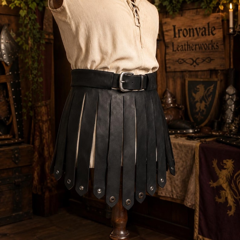 May include: A black leather tasset belt featuring a wide waistband with a silver-toned metal buckle and multiple vertical leather strips hanging down. Each strip is finished with a small, circular silver-toned metal stud at the bottom edge.