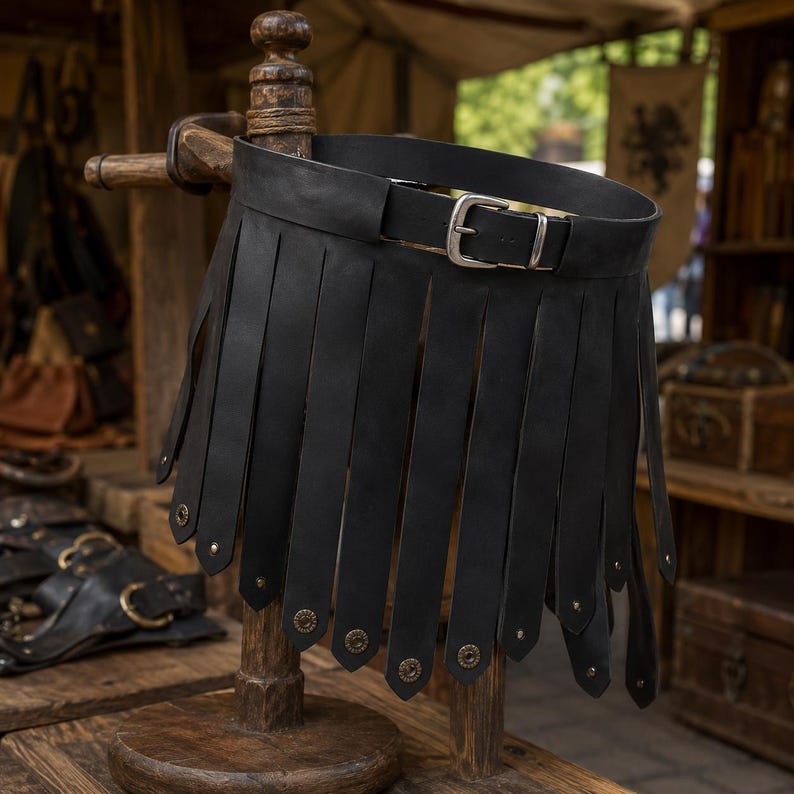 May include: A black leather belt featuring a wide waistband with a silver-toned metal buckle and a series of long, vertical leather strips hanging from the bottom edge, each finished with a small, circular metallic stud at the pointed tip.