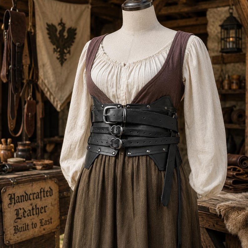 Op de afbeelding: Een zwarte leren korsetgordel met drie horizontale banden met zilverkleurige metalen gespen en klinknagels, gedragen over een cr&egrave;mekleurige blouse met lange mouwen en een bruine rok op een paspop. De gordel is over een bruin lijfje geplaatst.