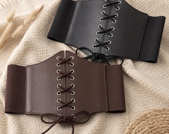 Faux Leather Corset Belt, Lace Up Underbust Waist Cincher, Goth Medieval Wide Waist Belt, Women Shapewear Clubwear