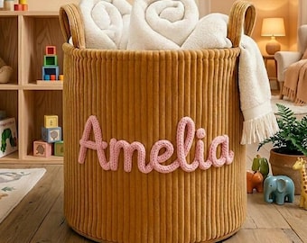 Custom Name Laundry Basket, Personalized Nursery Hamper, Dorm Room Decor, Kids Toy Bin, Baby Shower Gift, Soft Corduroy Storage Hamper