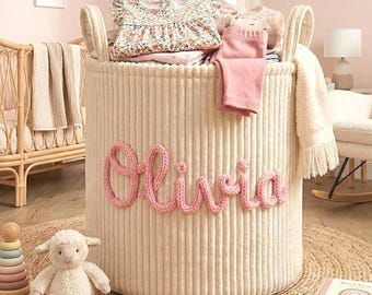 Cesta de ropa personalizada con nombre para niños, cesta de juguetes para la habitación del bebé, cesto de ropa sucia, cesta de almacenamiento para dormitorios - Organizador de juguetes estilo boho - Regalo para recién nacido